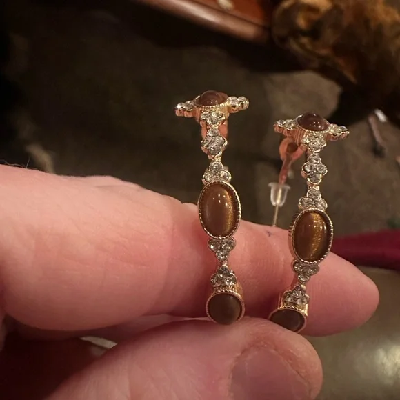 Tigers Eye Elegant Brown and Gold Women's Earrings - Picture 12 of 14